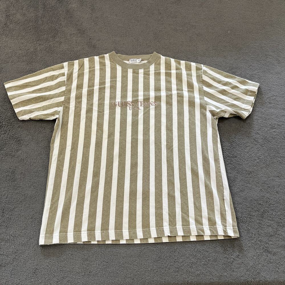 Guess Vintage 80's 90s Vertical Stripe Olive Green White T-Shirts Men's Size M